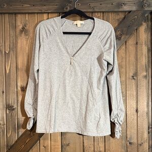 Michaels Light Gray Zip V-Neck Long Sleeve Top
